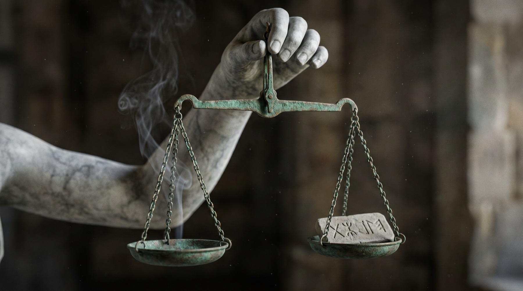 Bronze scales of justice weighing smoke against a stone tablet